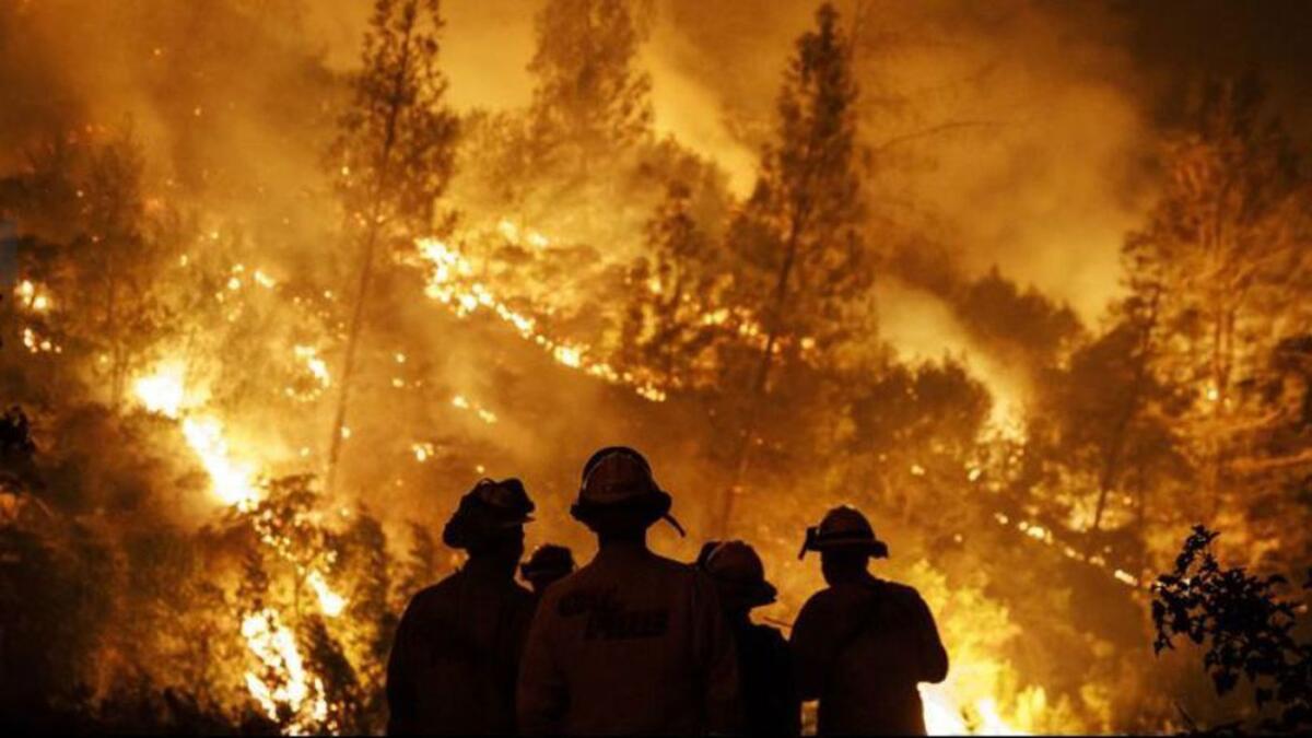 Firefighters battling the Mendocino Complex blaze monitor a burn operation on top of a ridge near the town of Ladoga, Calif., on Aug. 7.