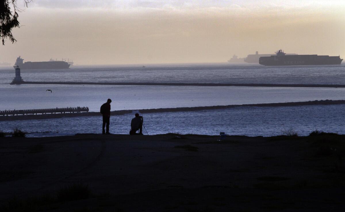 View of passing ships from the cliffs, Point Fermin Park in San Pedro.