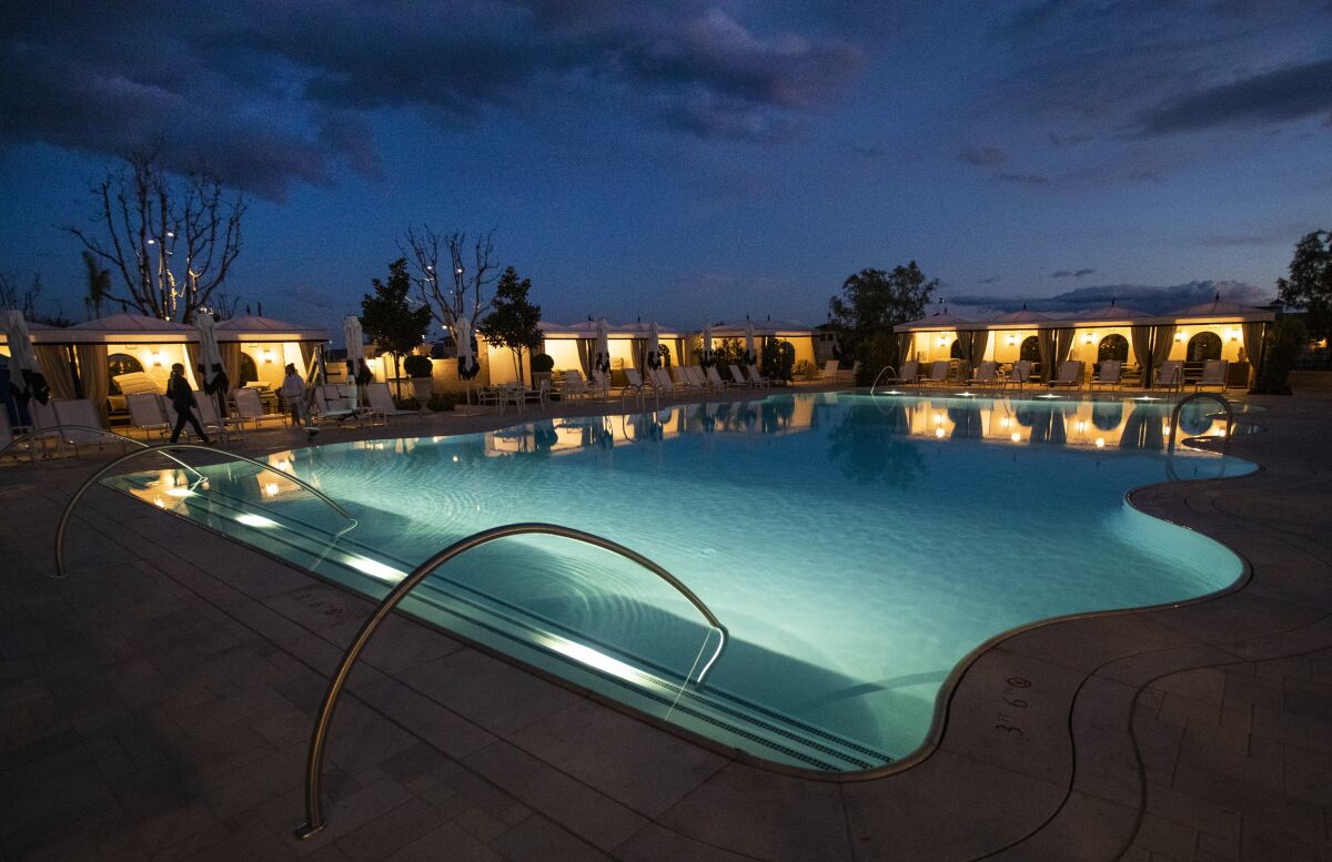 A hotel pool at twilight