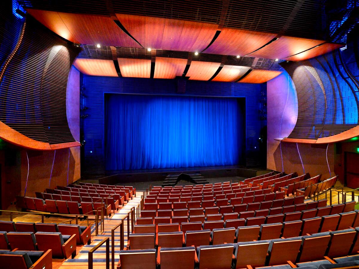 The stage at the Wallis' Bram Goldsmith Theater is lighted up in blue