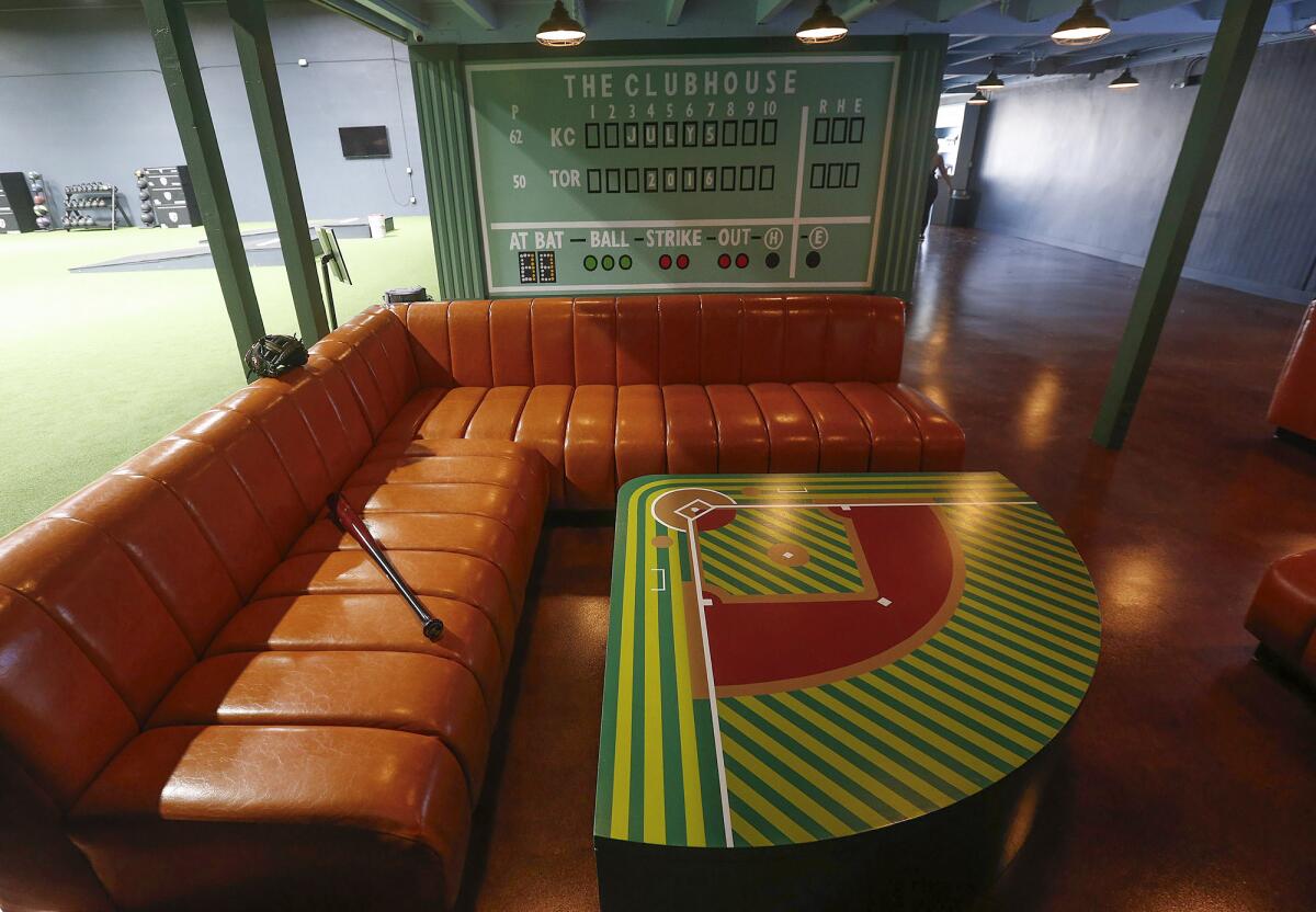 A lounge area is part of The Clubhouse baseball facility in Costa Mesa.