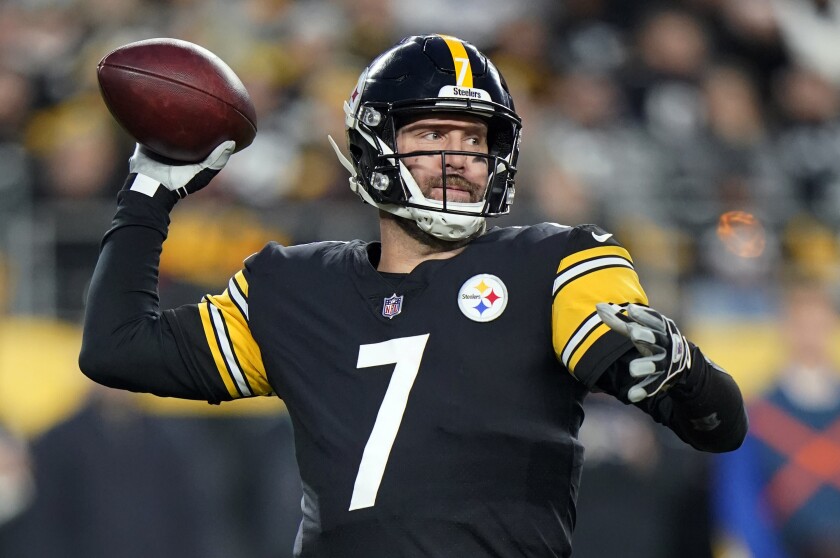 Pittsburgh Steelers quarterback Ben Roethlisberger (7) passes against the Baltimore Ravens during the first half of an NFL football game, Sunday, Dec. 5, 2021, in Pittsburgh. (AP Photo/Gene J. Puskar)