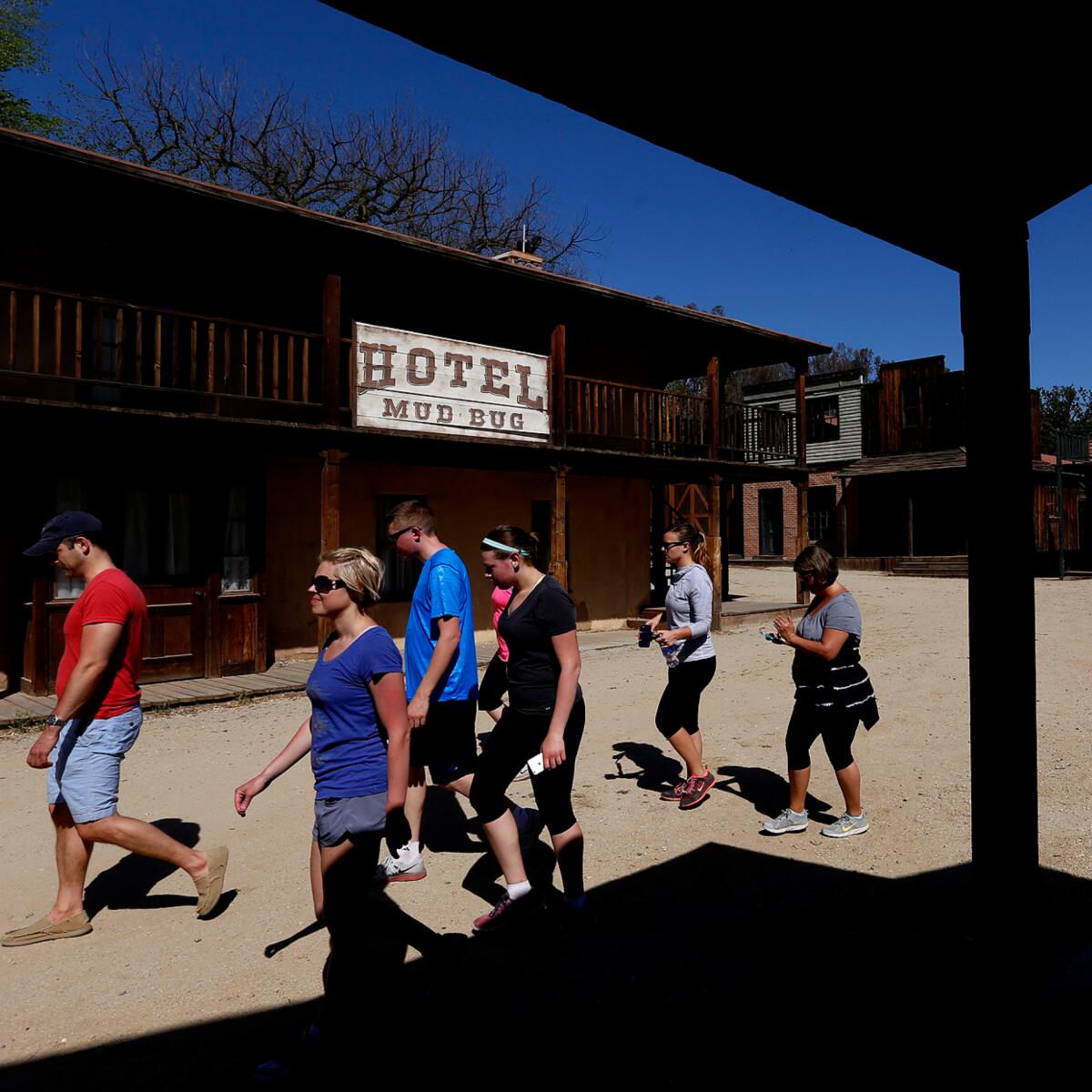 A movie set with a hotel and other old West buildings