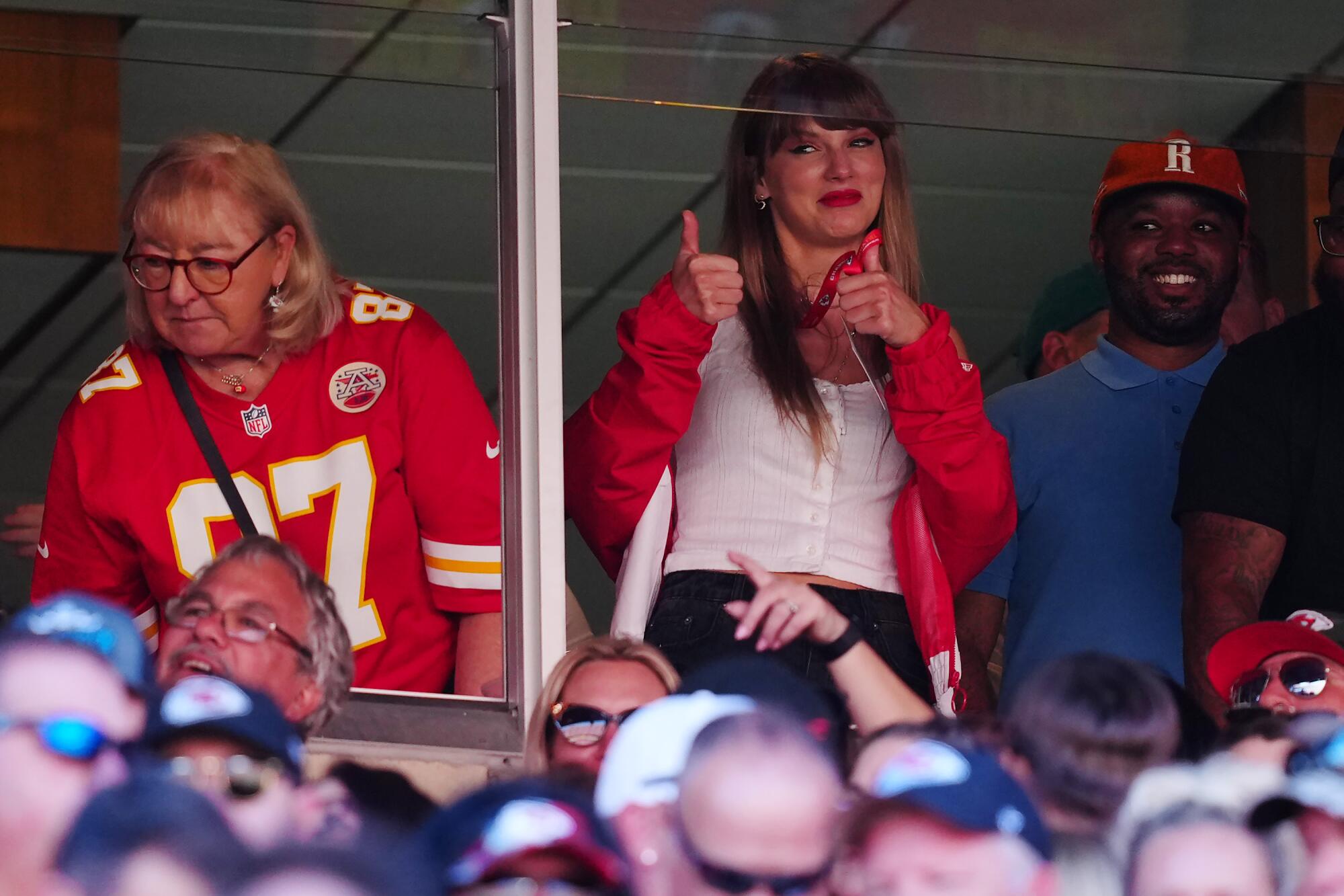 Donna Kelce and Taylor Swift are seen during the first half of a game against the Chicago Bears.