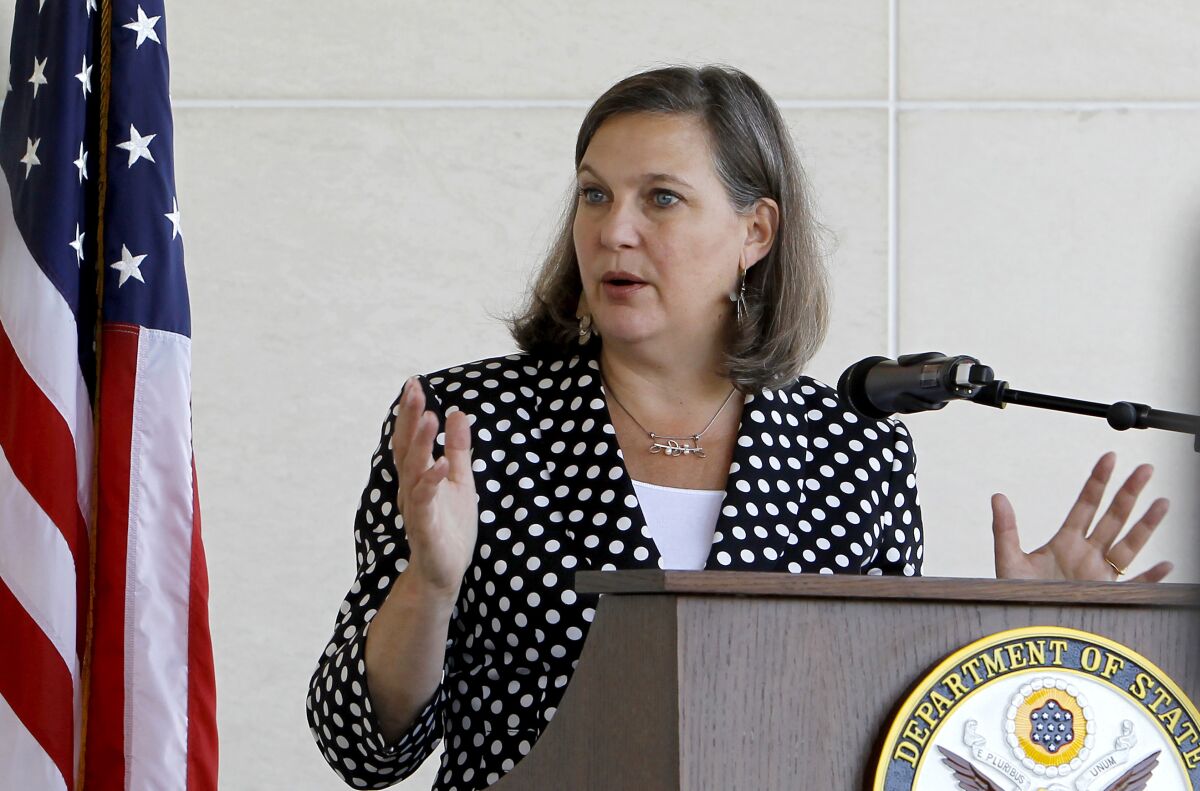 Victoria Nuland of the State Department speaks to the media in Macedonia in 2016. 