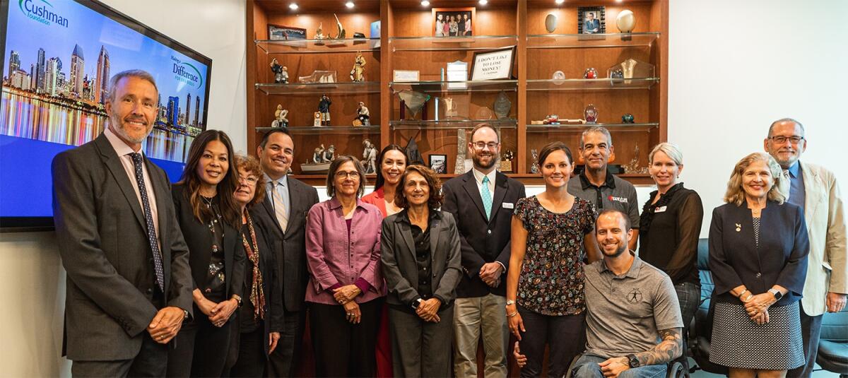 Cushman Foundation grant recipients: Mike Koonce (San Diego Dental Health Foundation), Leslie Strommer (San Diego Dental Health Foundation), Trisha Brereton (Interfaith Shelter Network), Detective Jack Schaeffer (San Diego Police Officers Association), Nancy Petitti (Interfaith Shelter Network), Anne Bosanac (San Diego Police Officers Association), Laura Tancredi-Baese (Home Start), Mark Lagace (Home Start), Janet Charbonnet (VIP NeuroRehabilitation Center), FRONT - David Charbonnet (VIP NeuroRehabilitation Center), BACK - Hector Paredes (Eric Paredes Save a Life Foundation), Diana Li (Eric Paredes Save a Life Foundation), Susan Griffin (Hannah’s House), Dr. Dennis Wong (Hannah’s House)