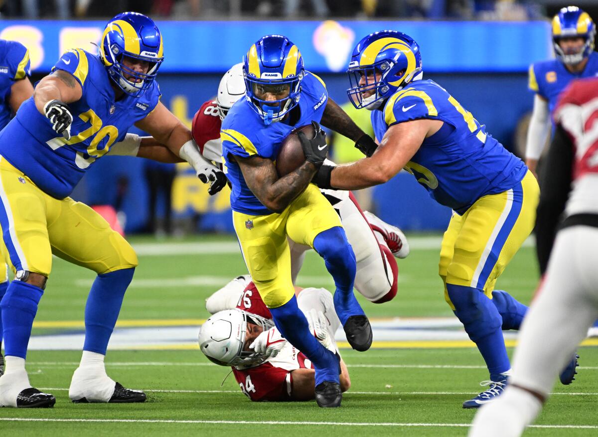 Los Angeles, California January 17, 2022: Rams running back Cam Akers breaks a tackle.