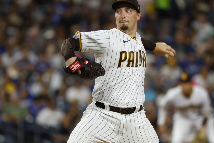 SAN DIEGO, CA - SEPTEMBER 27: San Diego Padres pitcher Blake Snell throws against the Los Angeles Dodgers at Petco Park on Tuesday, September 27, 2022 in San Diego, CA. (K.C. Alfred / The San Diego Union-Tribune)