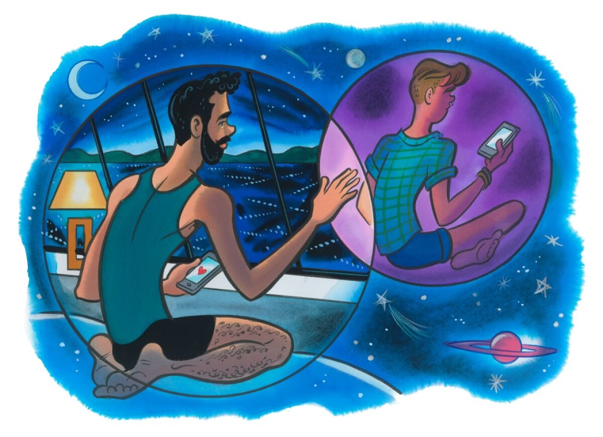 A man is separated in bubbles from his would-be partner by the COVID-19 pandemic.