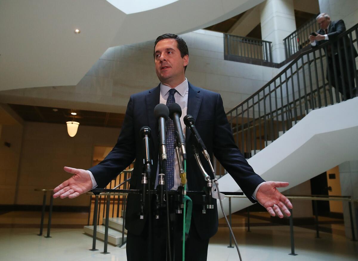 House Intelligence Committee Chairman Devin Nunes (R-Tulare) speaks to reporters Thursday after meeting with committee members on Capitol Hill.