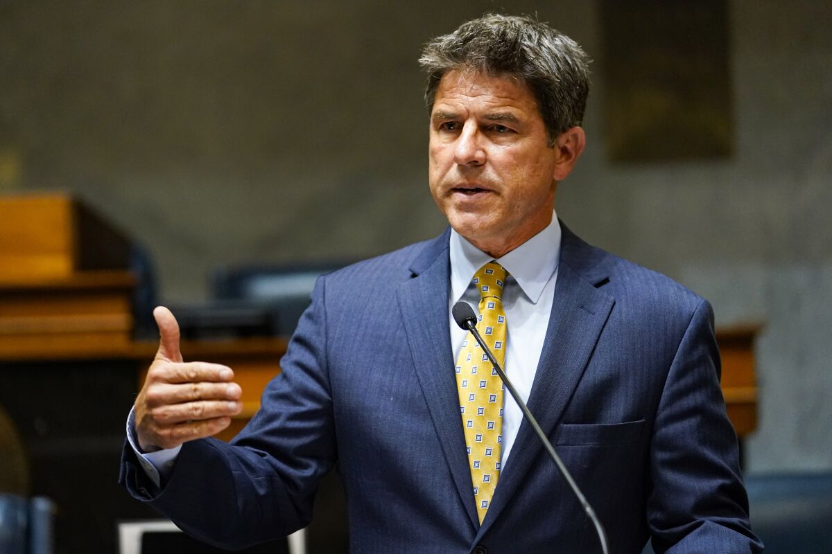 Senate President Pro Tem Rodric Bray, R-Martinsville, outlines proposed legislation on abortion and financial relief at the Statehouse in Indianapolis, Wednesday, July 20, 2022, that will be introducing in the upcoming special session. (AP Photo/Michael Conroy)