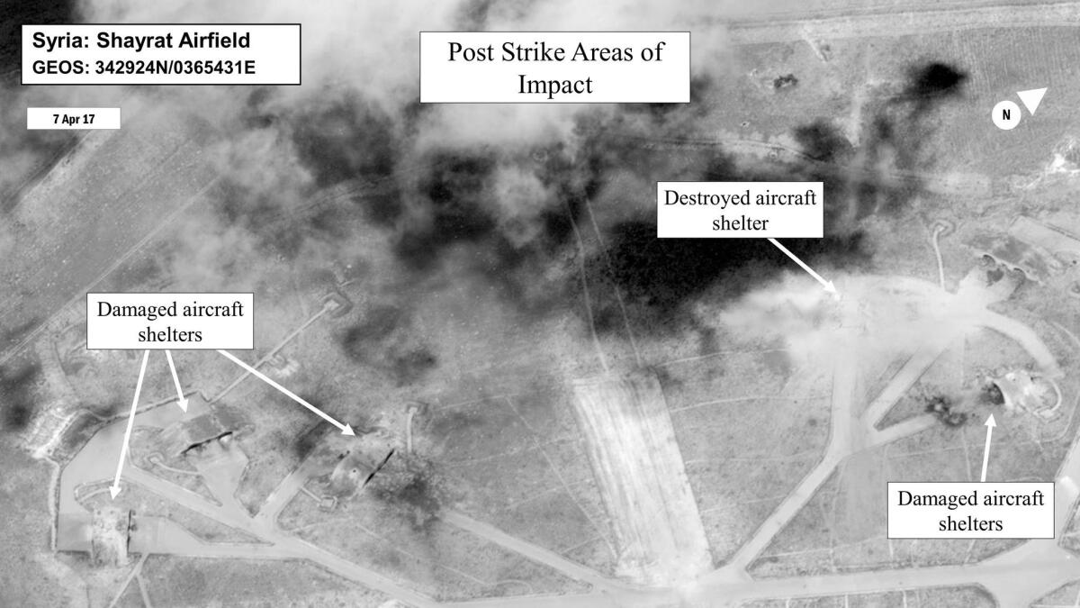 This satellite photo from the Department of Defense shows a battle damage assessment image of Shayrat airfield.