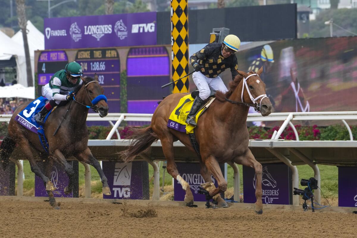 Victor Espinoza rides Ce Ce, owned by Bo Hirsch, to a win in BC Filly & Mare Sprint.