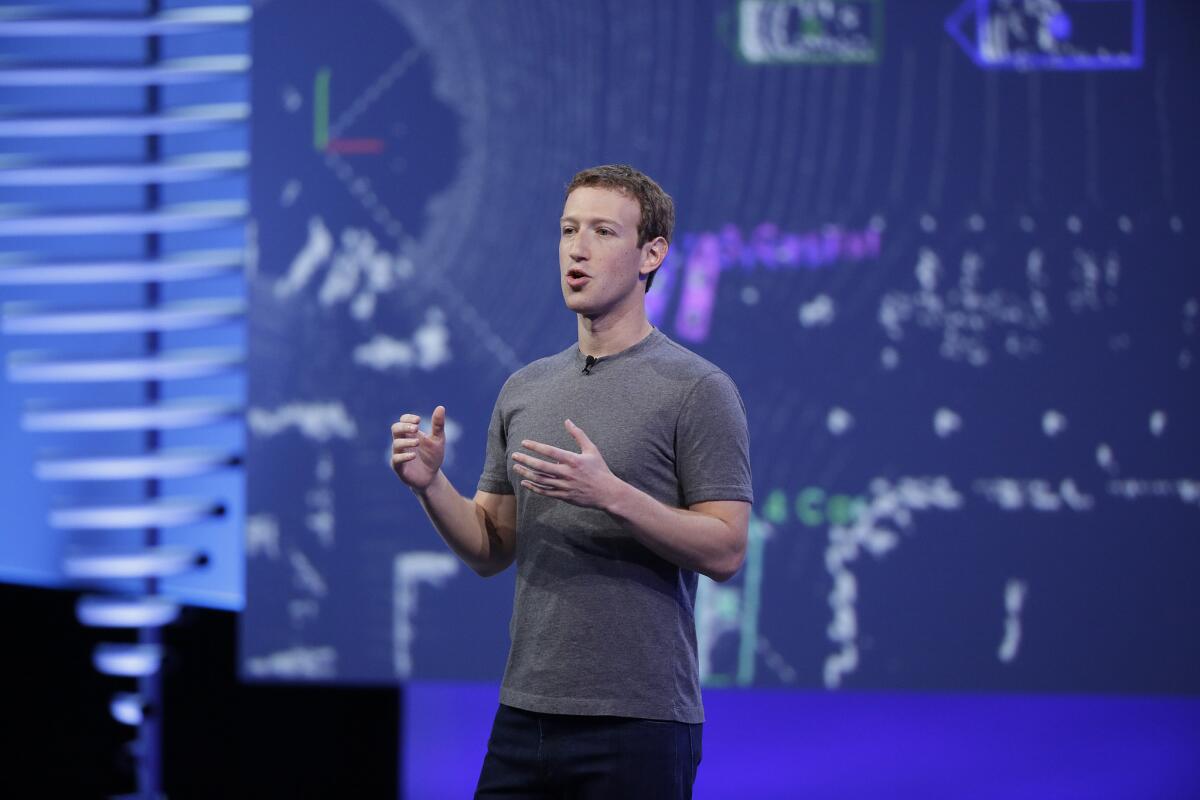 Facebook Chief Executive Mark Zuckerberg gives the keynote address at the F8 Facebook Developer Conference in April in San Francisco.