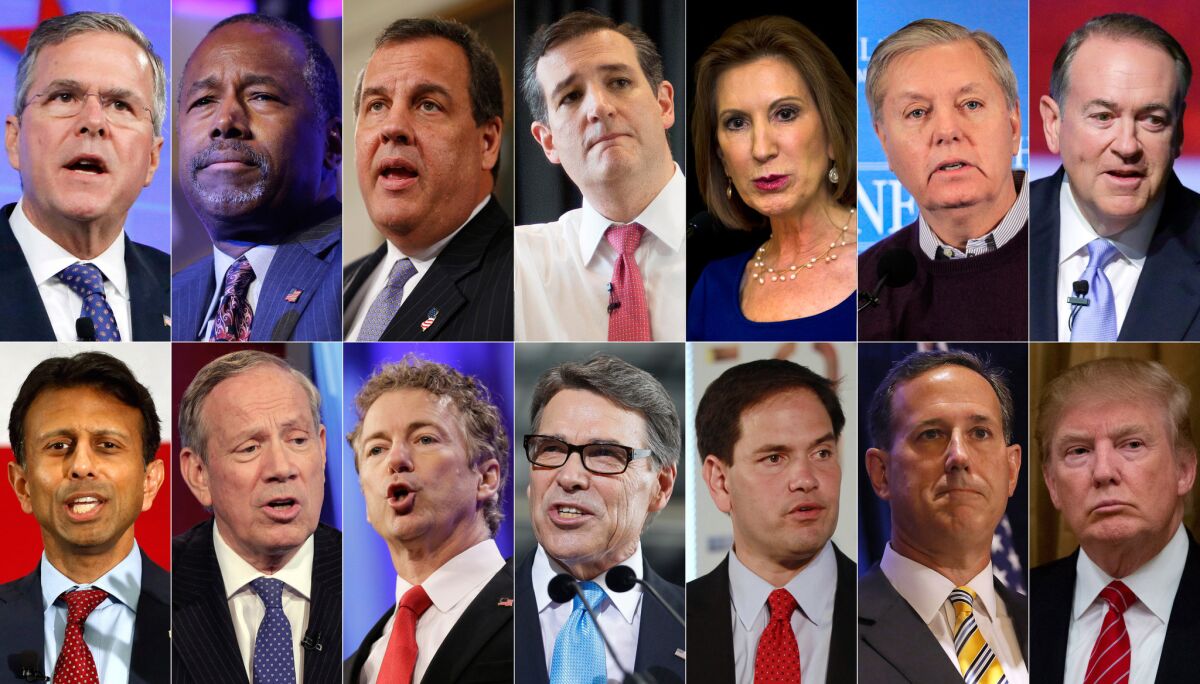 This combo made from file photos shows the 2016 Republican presidential candidates who declared their candidacy as of July 12, 2015. Top row, from left, Former Florida Gov. Jeb Bush, retired neurosurgeon Ben Carson, New Jersey Gov. Chris Christie, Texas U.S. Sen. Ted Cruz, former Hewlett-Packard CEO Carly Fiorina, South Carolina U.S. Sen. Lindsey Graham, and former Arkansas Gov. Mike Huckabee. Bottom row, from left, Louisiana Gov. Bobby Jindal, former New York Gov. George Pataki, Kentucky U.S. Sen. Rand Paul, former Texas Gov. Rick Perry, Florida U.S. Sen. Marco Rubio, former U.S. Sen. Rick Santorum, and real estate mogul Donald Trump. (AP Photo)