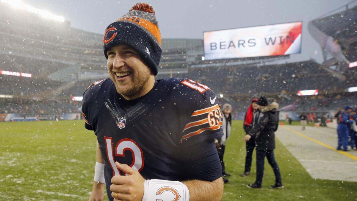 Matt Barkley (12) runs off the field after a game against the San Francisco 49ers when he played for the Chicago Bears in 2016.