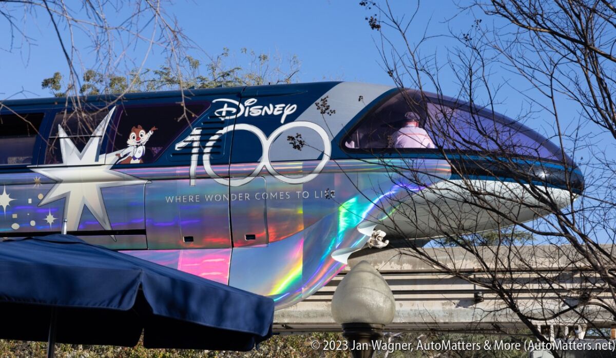 DISNEY100 graphics on the Disneyland Monorail