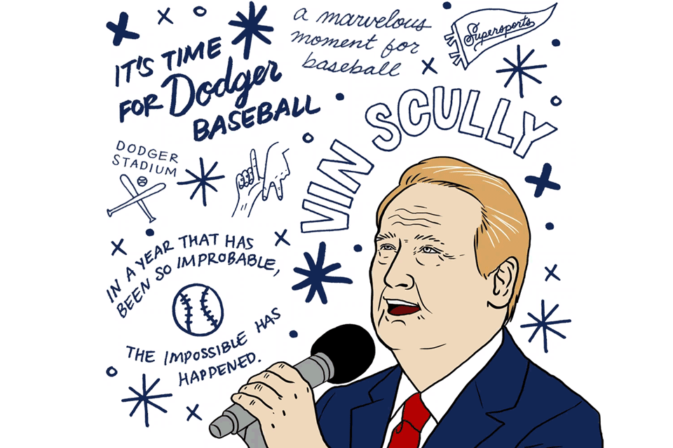Animated illustration of Vin Scully with famous phrases and Dodgers iconography around him.
