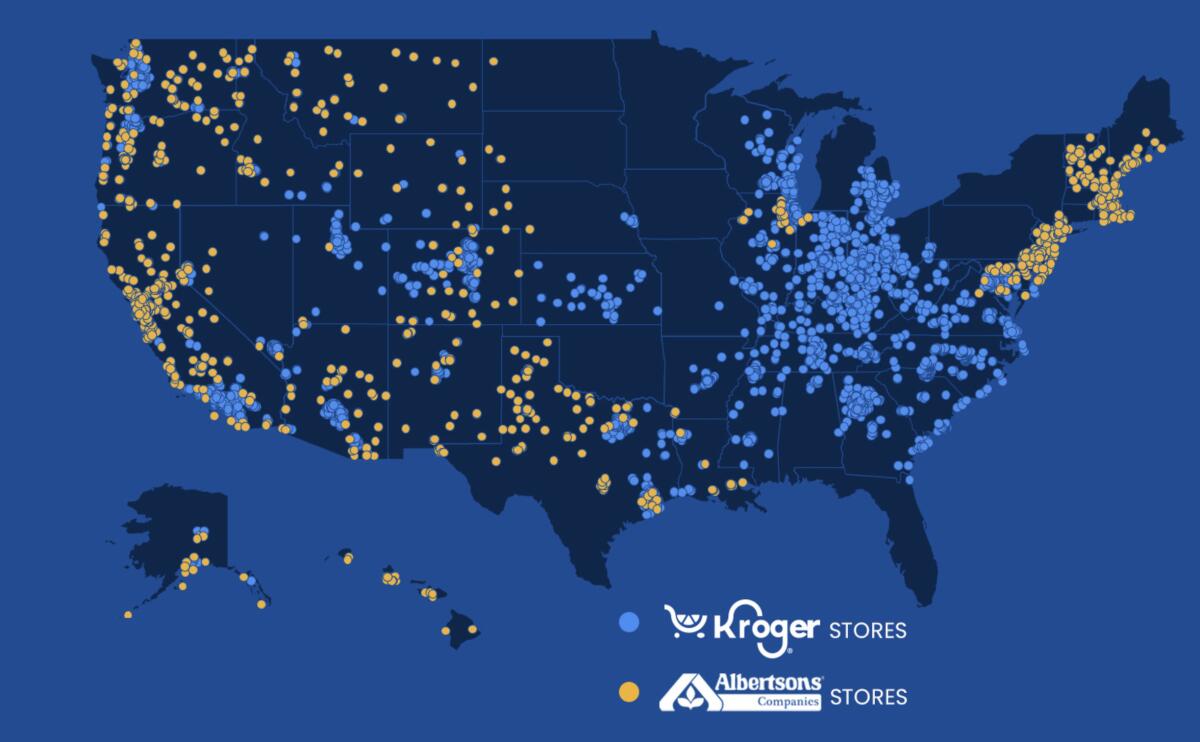 Map of the U.S. with many blue dots and yellows dots across it representing Kroger stores and Albertsons stores.
