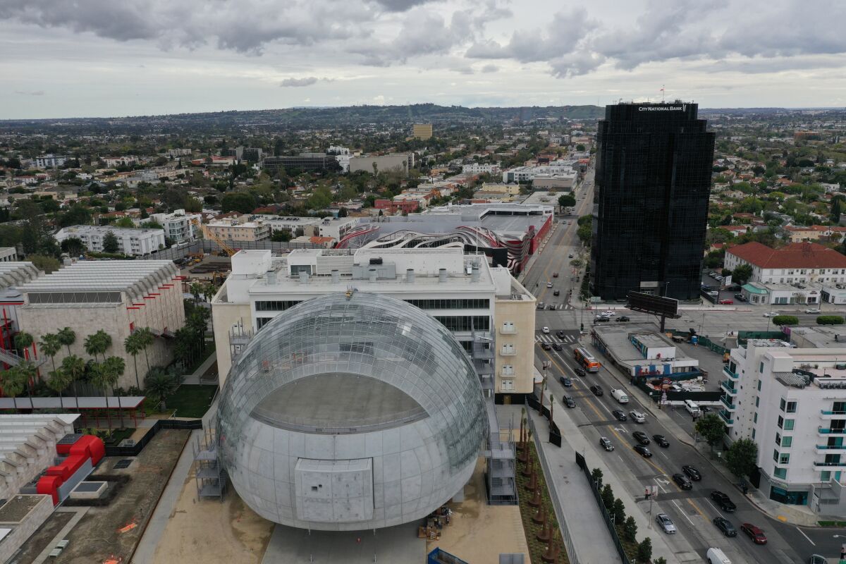 A drone view of the sphere at the Academy Museum in Los Angeles, Calif., on March 20, 2020. (Allen J. Schaben / Los Angeles Times)