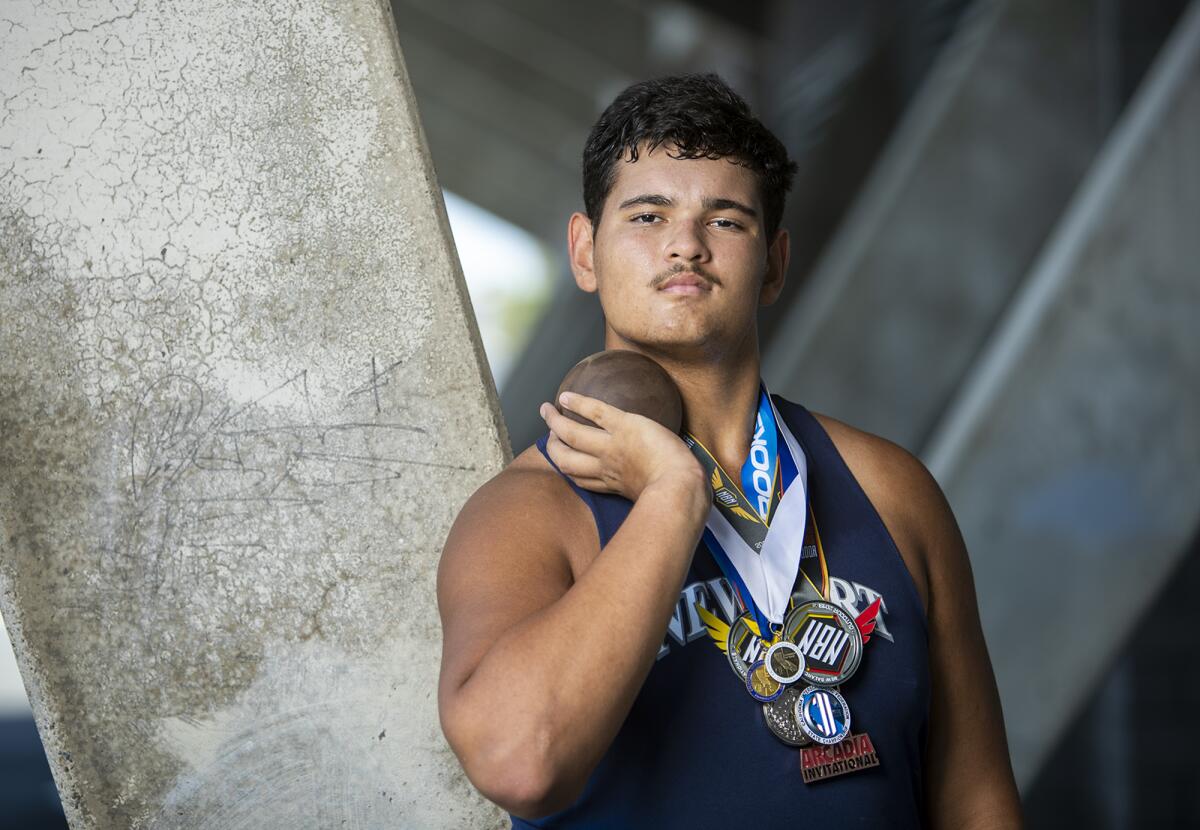 Newport Harbor's Aidan Elbettar recorded a personal-best mark of 197 feet, four inches in the discus throw at a home dual meet against Marina on March 13.