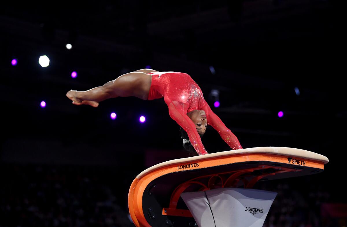 STUTTGART, GERMANY - OCTOBER 12: Simone Biles of USA competes on Vault during the Apparatus Finals on Day 9 of the FIG Artistic Gymnastics World Championships at Hanns Martin Schleyer Hall on October 12, 2019 in Stuttgart, Germany. (Photo by Laurence Griffiths/Getty Images) ** OUTS - ELSENT, FPG, CM - OUTS * NM, PH, VA if sourced by CT, LA or MoD **