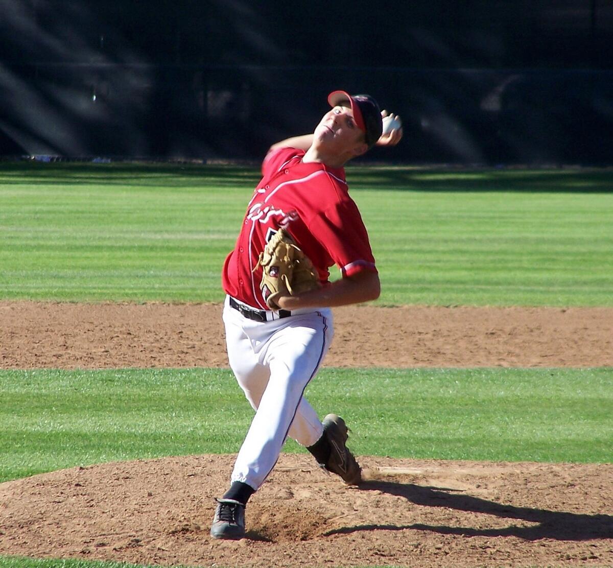 Trevor Bauer pitches for Newhall Hart in May 2008.