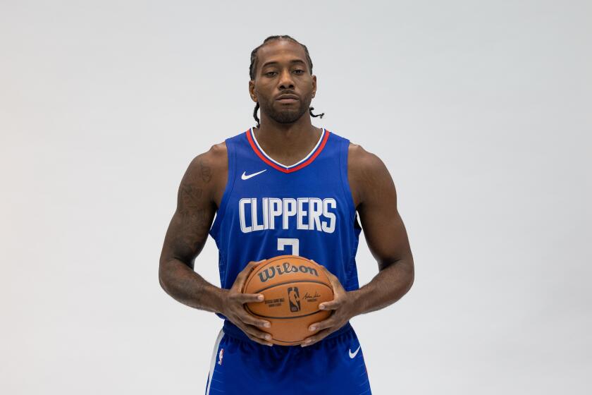 Playa Vista, CA - October 02: Kawhi Leonard poses for a portrait at the LA Clippers media day on Monday, Oct. 2, 2023 in Playa Vista, CA. (Jason Armond / Los Angeles Times)