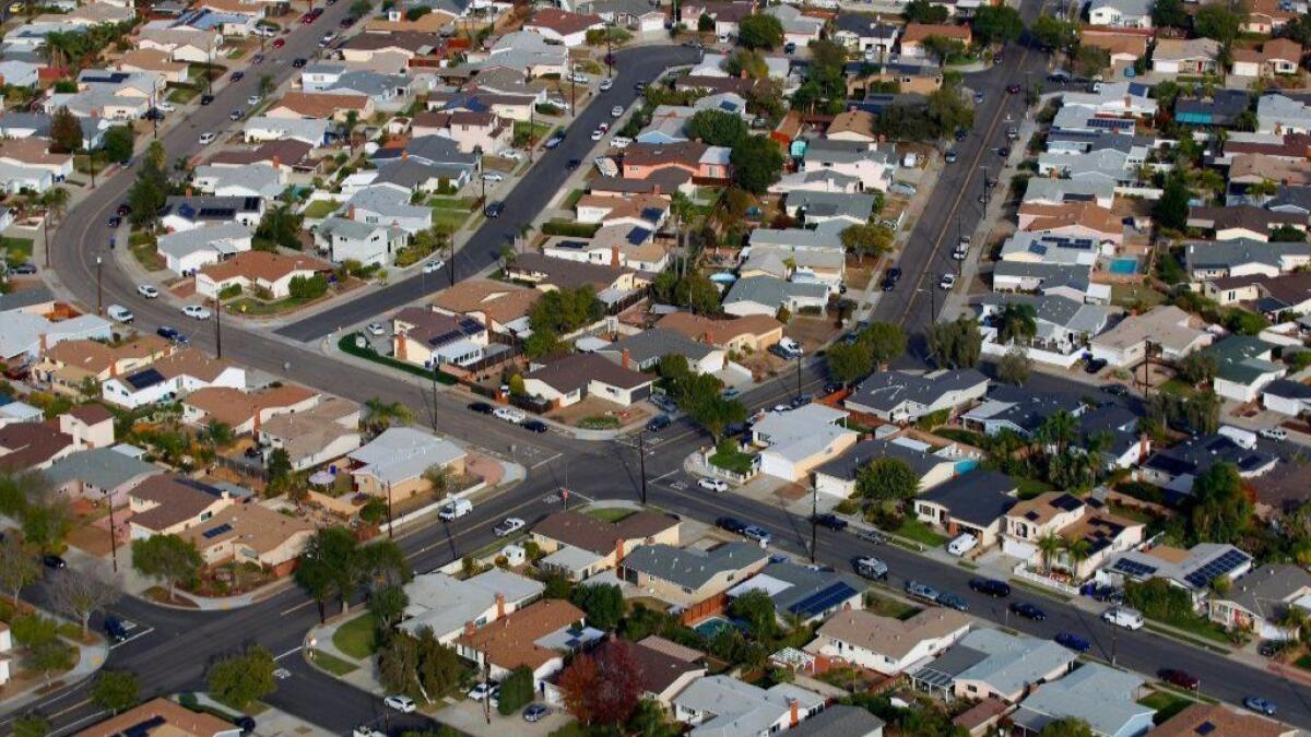 A 2017 aerial view of houses in the San Diego neighborhood of Clairemont.