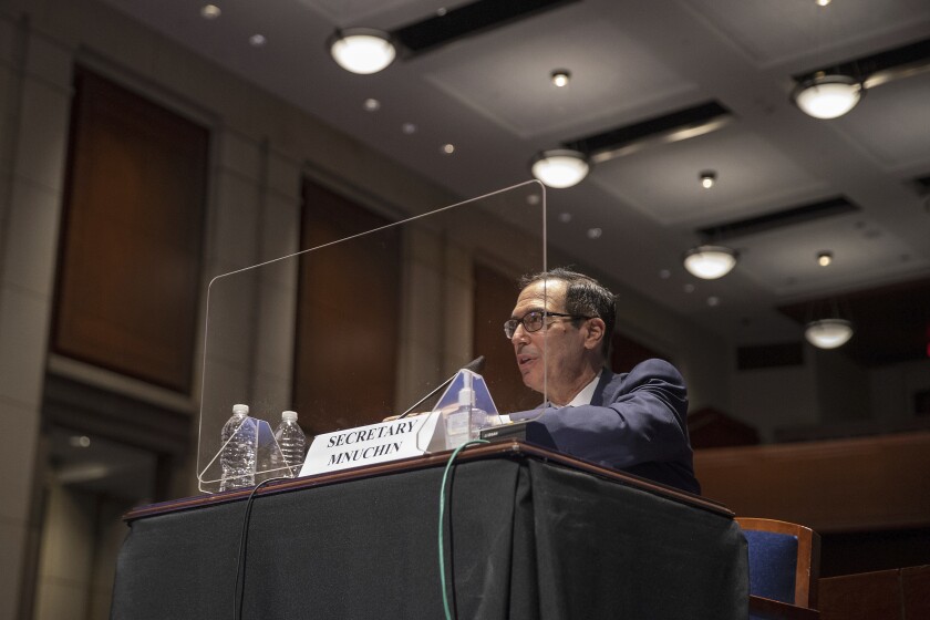Treasury Secretary Steven Mnuchin testifies at a House Financial Services Committee hearing on the COVID-19 response. 