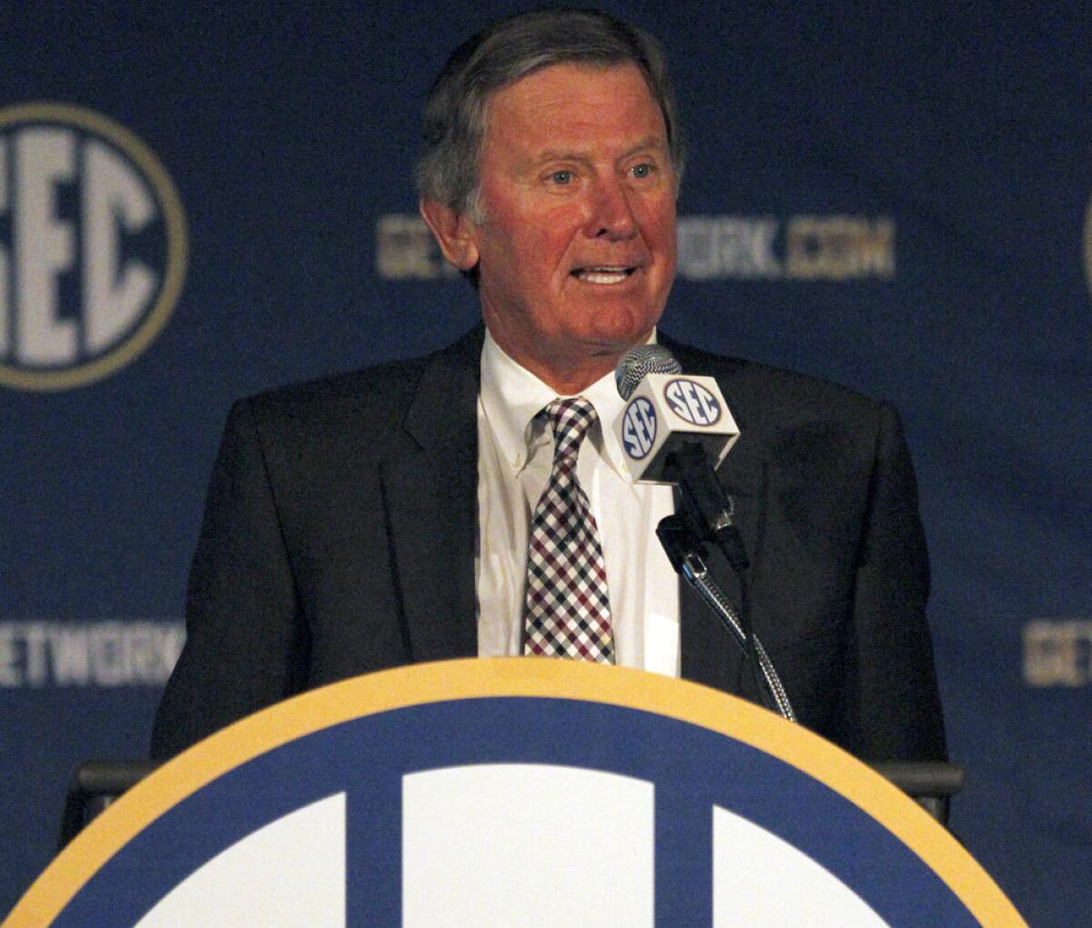 South Carolina football Coach Steve Spurrier speaks during the Southeastern Conference's media days last month.