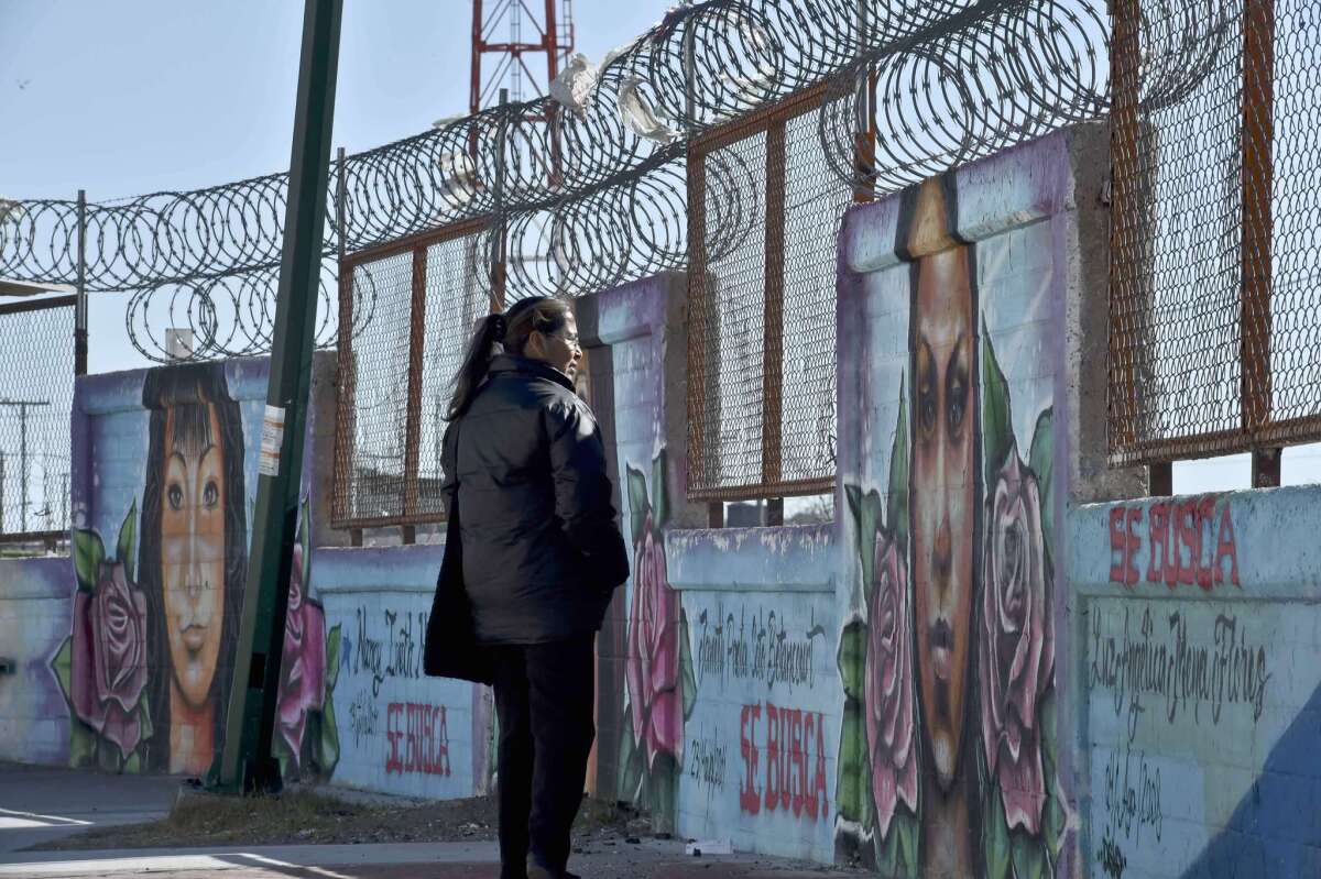Luz del Carmen Flores observes a memorial wall for missing girls, one of them her daughter, Luz Angelica Mena Flores, in Ciudad Juarez, Mexico.