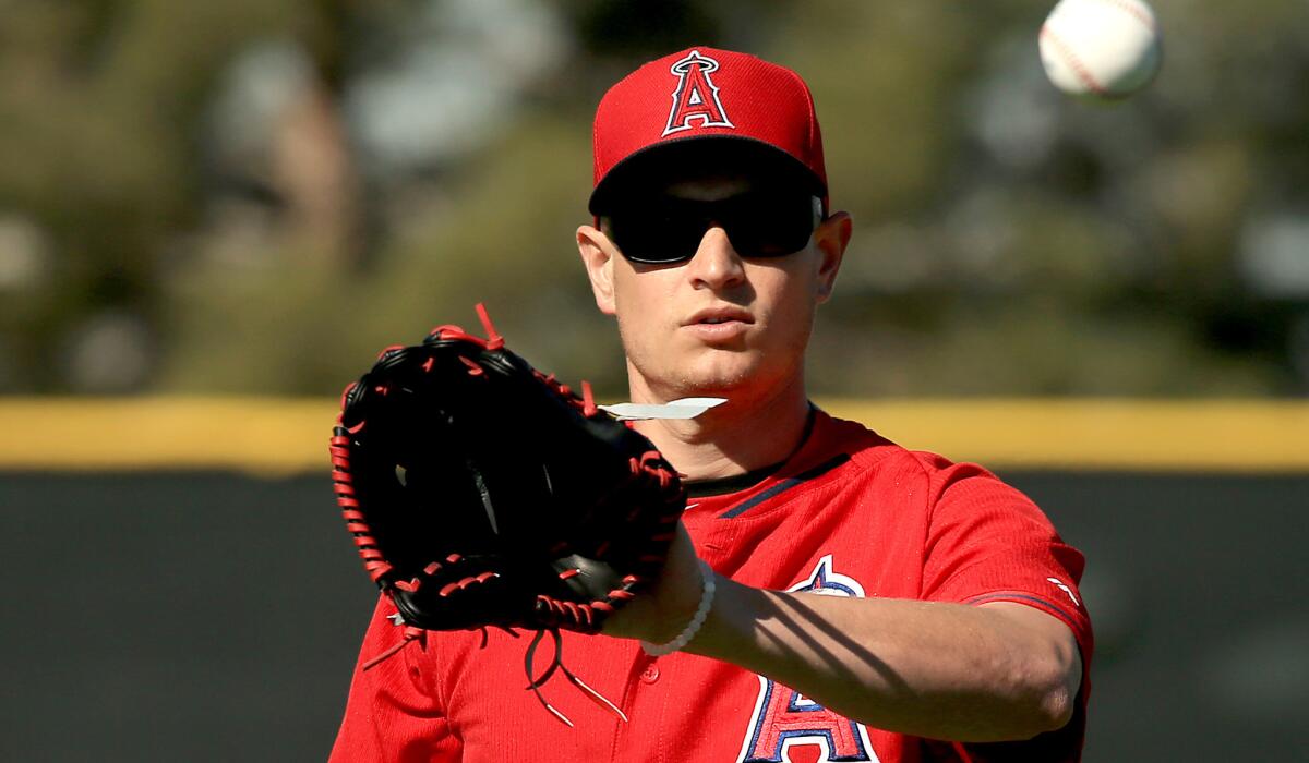 Angels starting pitcher Garrett Richards warms up during a spring training workout on March 4 at Diablo Stadum in Tempe, Ariz.