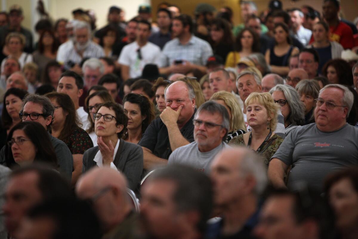 Hollywood workers gather in Burbank in February to discuss how to keep movie and television productions from leaving the state.