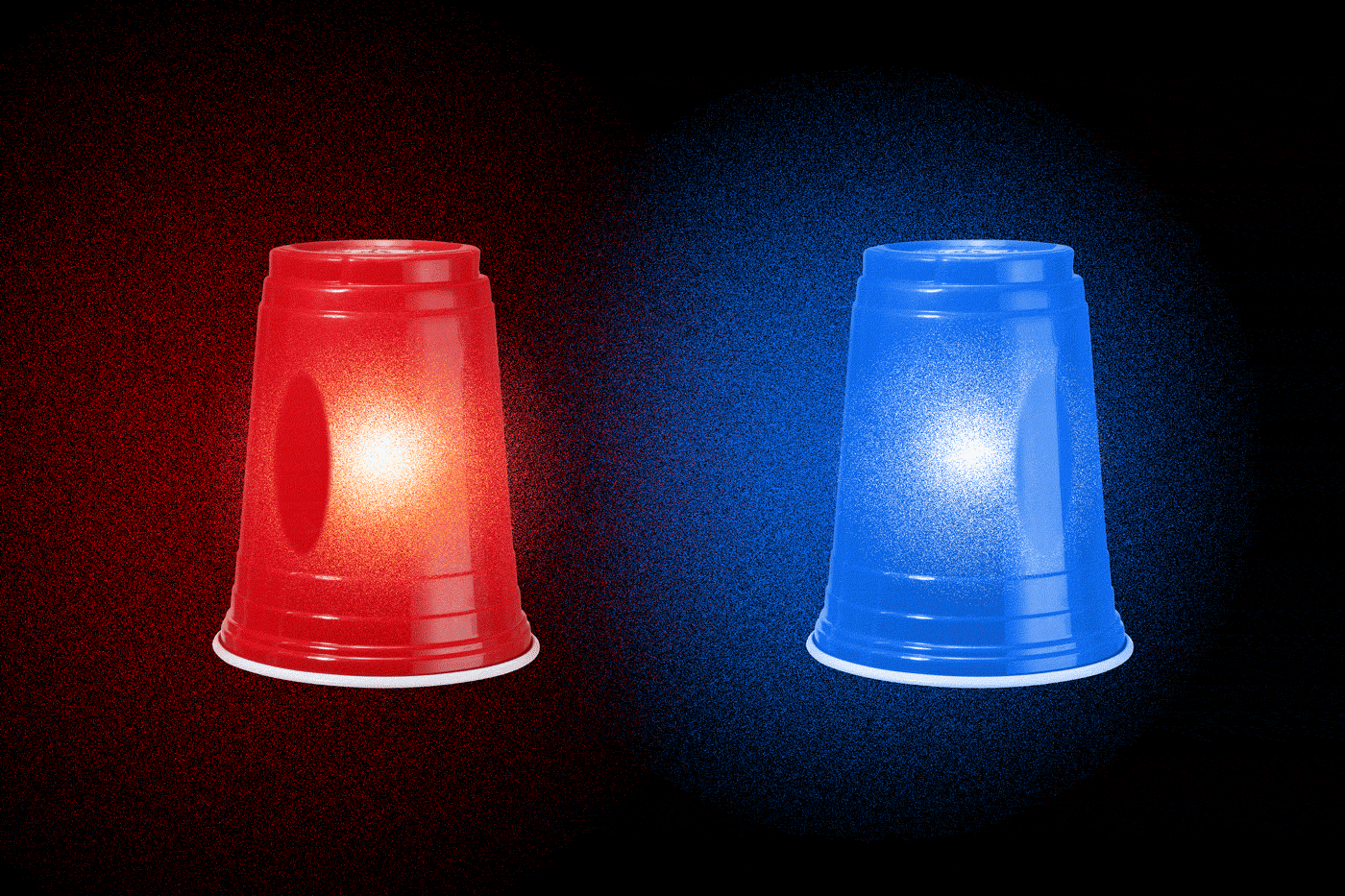 An animated illustration of two upside-down red and blue plastic cups as flashing police lights.