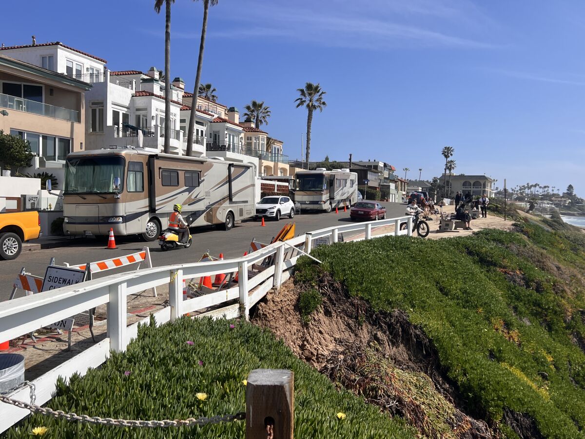 A film crew works along Neptune Place in La Jolla on March 16 for a production starring Richard Dreyfuss.