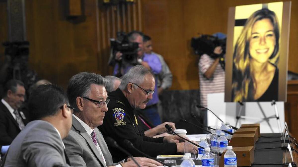 Jim Steinle, second from left, father of Kate Steinle (in photo at right), testifies at a Senate hearing. Kate Steinle was killed on a San Francisco waterfront walkway, allegedly by a man who used a gun stolen from the car of a law enforcement officer.
