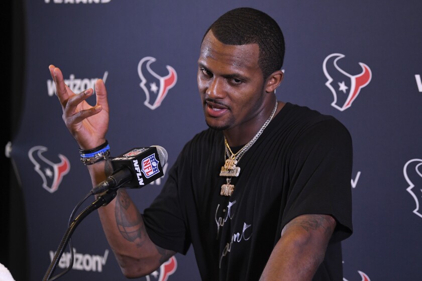 FILE - Houston Texans quarterback Deshaun Watson speaks during a news conference after an NFL football game against the Los Angeles Chargers, Sunday, Sept. 22, 2019, in Carson, Calif. The Houston Texans had been told that their former quarterback Deshaun Watson was sexually assaulting and harassing women during massage sessions, but instead of trying to stop him, the team provided him with resources to enable his actions and “turned a blind eye” to his behavior, according to a lawsuit filed Monday, June 27, 2022. Watson, who was later traded to the Cleveland Browns, has denied any wrongdoing and vowed to clear his name. (AP Photo/Mark J. Terrill, File)
