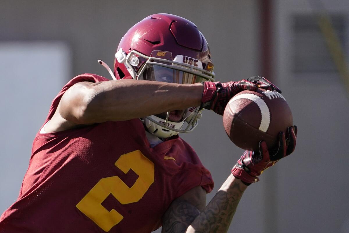 USC wide receiver Brenden Rice makes a catch during a spring practice.