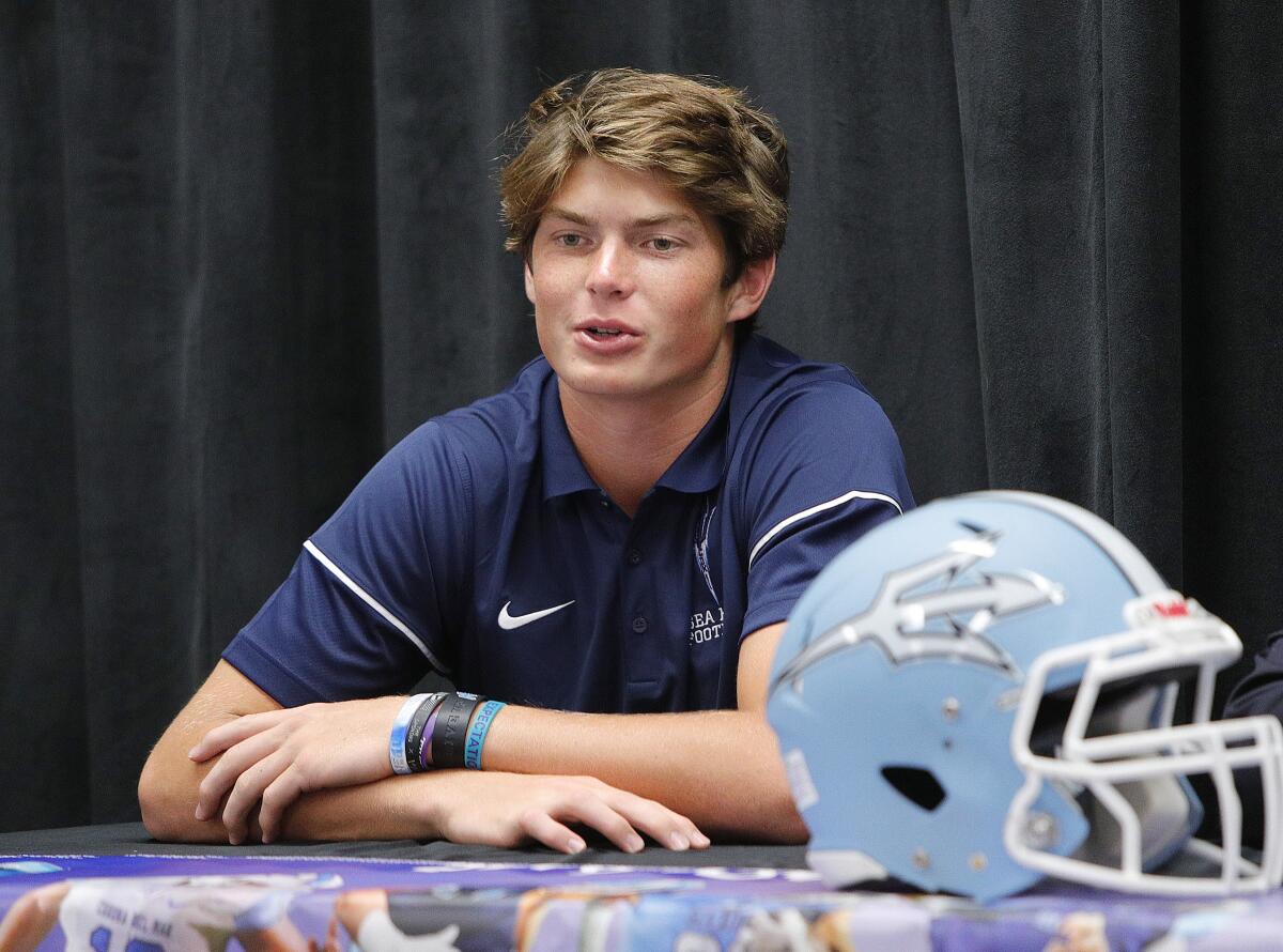 Corona del Mar quarterback Ethan Garbers answers a question during media day at Mission Viejo High on Wednesday.