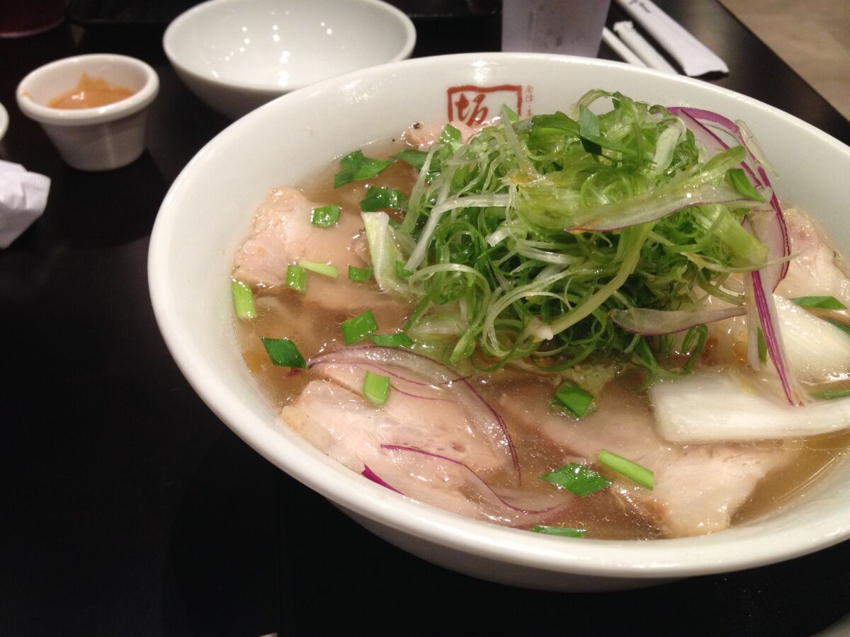 Green chile ramen at Kitakata Ramen on Baker Street in Costa Mesa.