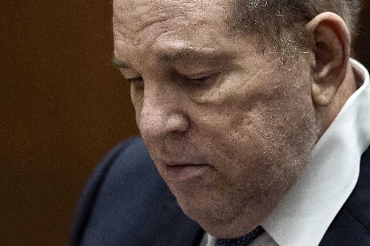 A close-up of Harvey Weinstein's face