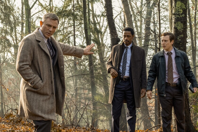 Daniel Craig, from left, Lakeith Stanfield and Noah Segan in “Knives Out.”