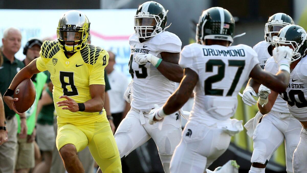 Michigan State will try to avenge a 19-point loss to Oregon last season when Heisman Trophy winner Marcus Mariota helped the Ducks score 28 unanswered points to close the game.