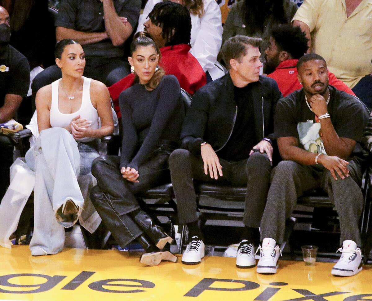 Kim Kardasian, left, and Michael B. Jordan, right, are among the celebrities courtside for the Lakers-Warriors Game 3.