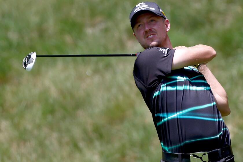 Jonas Blixt watches his tee shot at No. 7 on Thursday in the first round of the Greenbrier Classic.