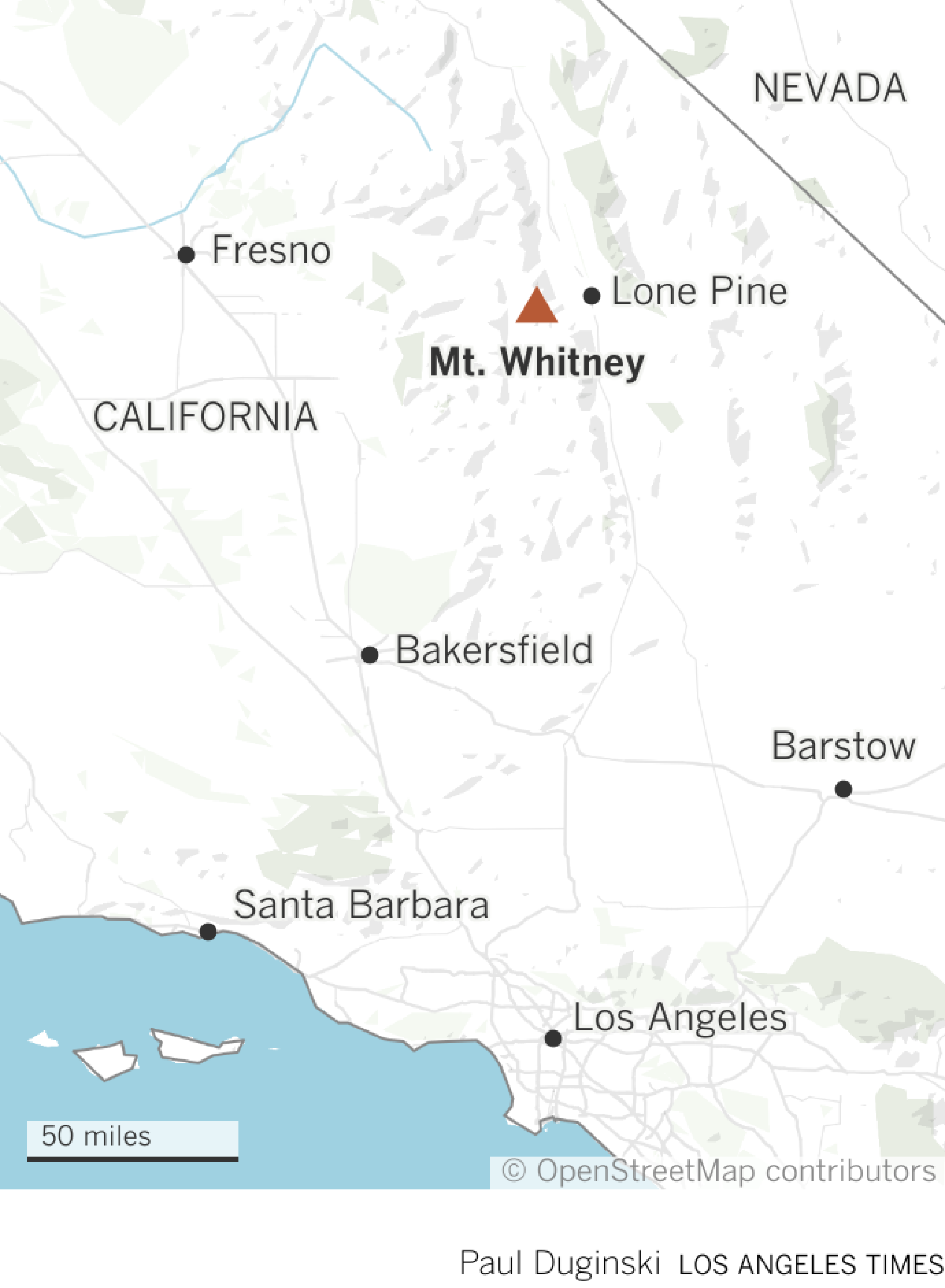 Map showing the location of Mount Whitney in California.