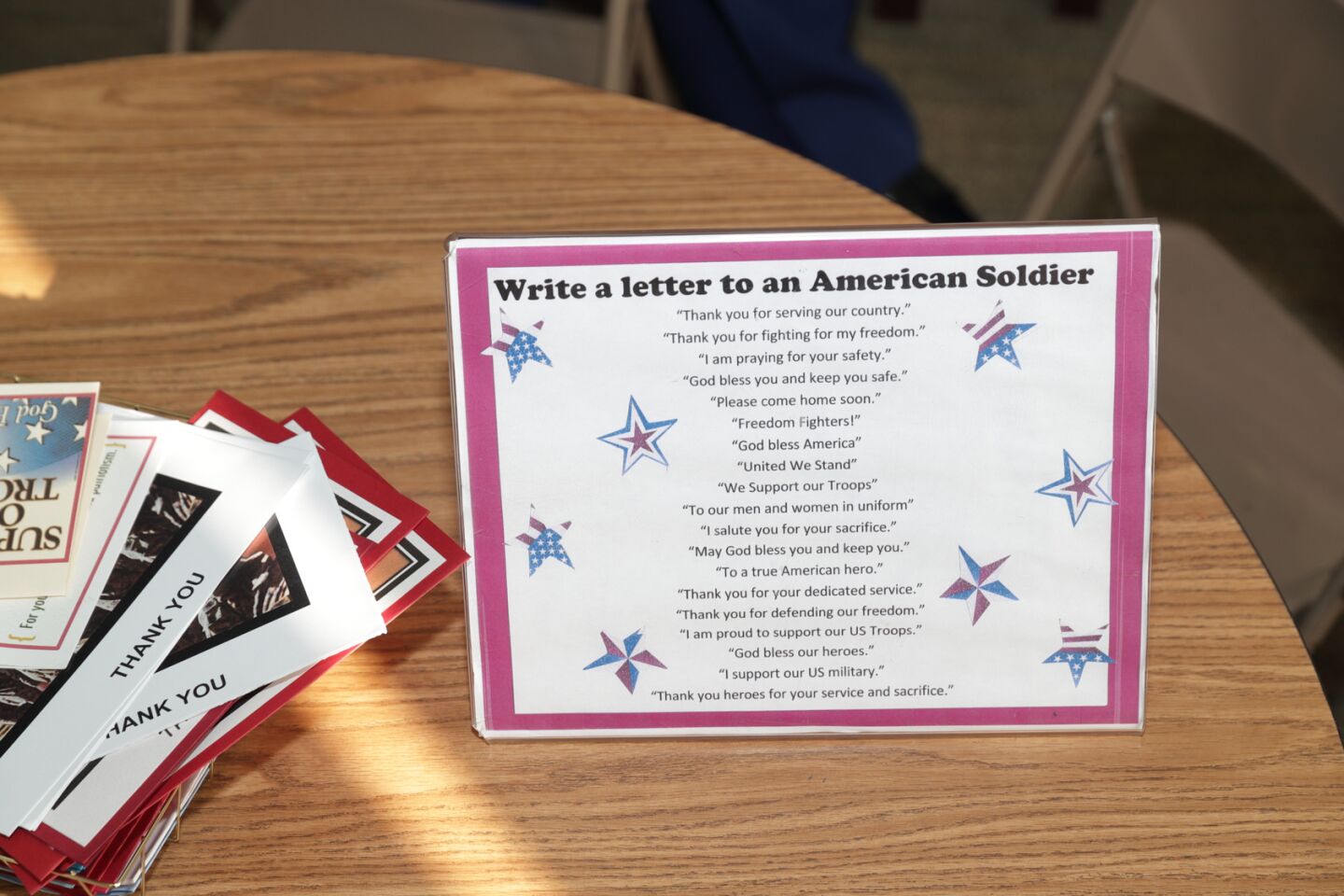 Suggested phrases for the children to use when writing a note for the troops