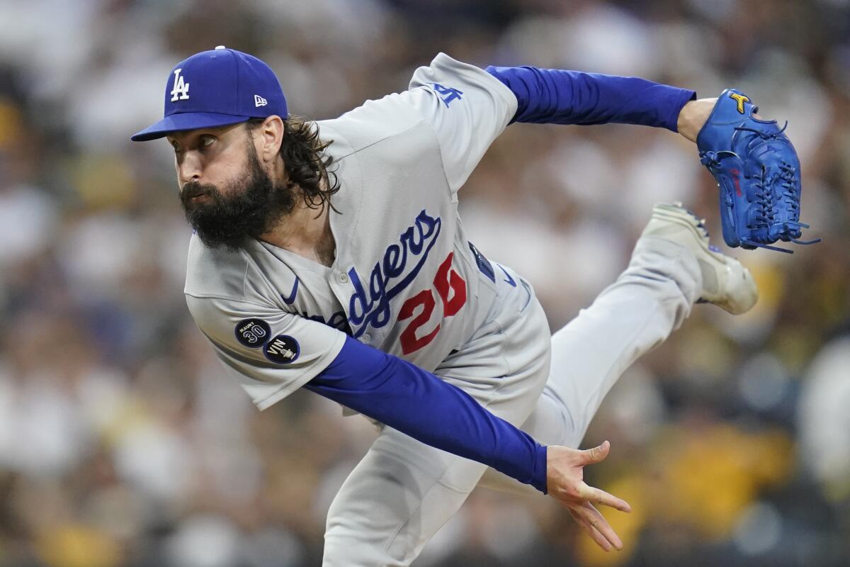 Dodgers starting pitcher Tony Gonsolin delivers against the San Diego Padres in the first inning.