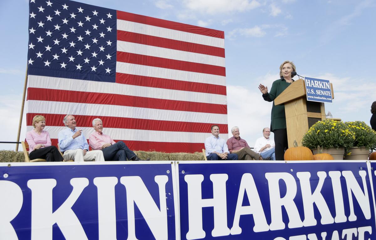 Hillary Rodham Clinton speaks during Sen. Tom Harkin's annual fundraising steak fry on Sunday in Indianola, Iowa.